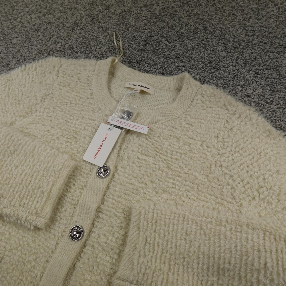 NEW Lucky Brand Cardigan Womens L White Cream Boucle Button Front Jacket Coat